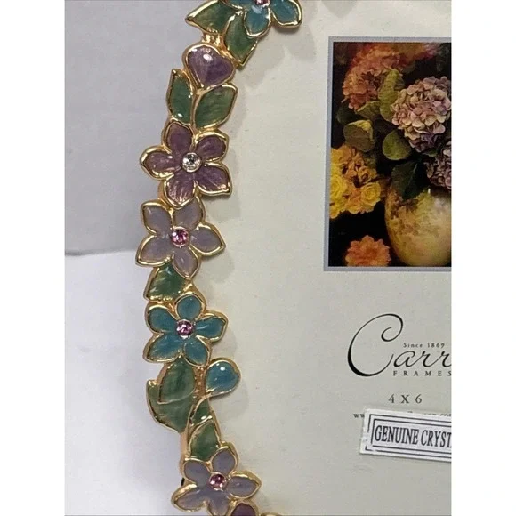 Vtg Carr Purple And Green Enamel & Genuine Crystal Oval Photo Picture Frame 7" - Picture 2 of 5